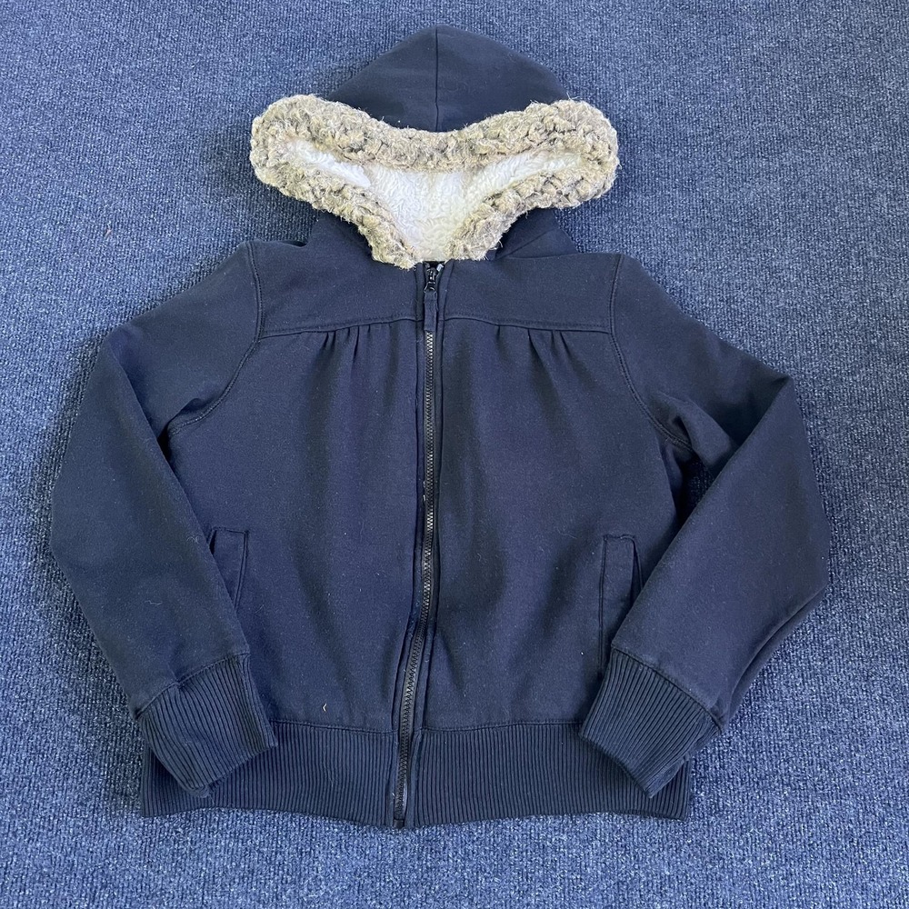 Y2K OP Jacket Girls Large 11/13 Black‎ Faux Fur Lined Hood Zip Sweatshirt Hoodie